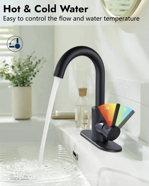 Single Hole Bar Sink Faucet Matte Black With 360 Degree Swivel Spout 304 Stainless Steel One Hole Bathroom Vanity Faucet Deck Plate Included And Pop Up Drain Ideal For Kitchen RV And Patio, showing water flow
