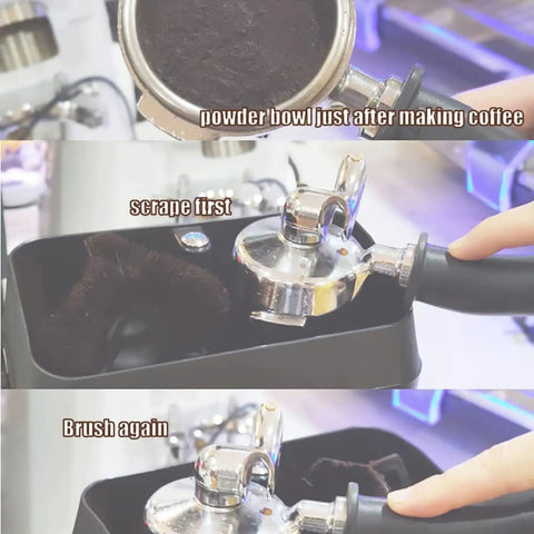 Pro Grade Electric Portafilter Cleaning Machine And Commercial Knock Box Combo With Heavy Duty Scraper Set No Sweat Espresso Grounds Station for easy cleanup.