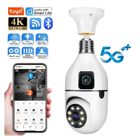Dual Lens Indoor Wireless Security Camera Featuring Straight Up Crystal Clear Video And Kickass 360 Pan Tilt With Full Color Night Vision, shown with smartphone app.