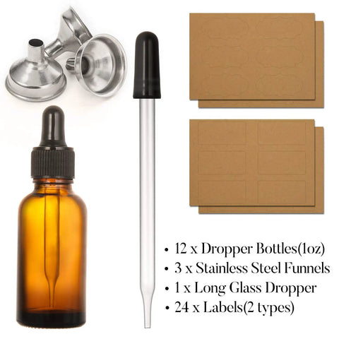 Twelve Knockout Amber Glass Dropper Bottles With Three Slick Stainless Steel Funnels And One Long Graduated Pipette Plus Twenty Four Waterproof Labels For Essential Oils And Hassle Free Beauty Blends.