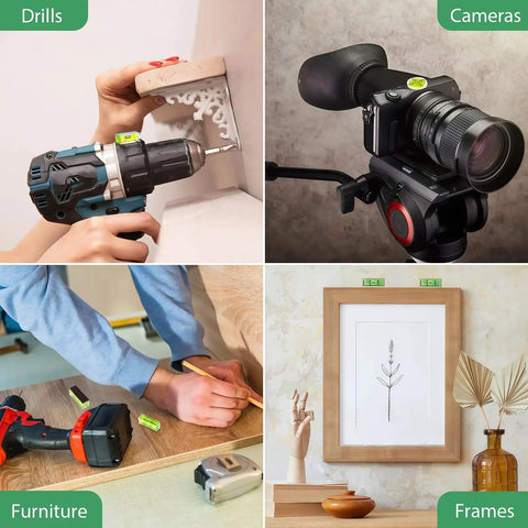Nine Piece Mini Magnetic Spirit Levels With Crystal Clear Bubble Tubes, Kickass Acrylic Measuring And Layout Tool Kit in use with drills and cameras.