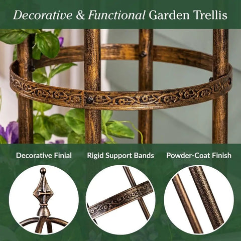 Close-up of a Metal Garden Obelisk Trellis For Climbing Plants Indoor Outdoor Use Powder Coated Steel Built To Last In All Weather Weatherproof And Rust Resistant Floral Pattern Antique Copper Finish Eleven Inch Diameter Seven Foot Tall Stainless Hardware with decorative finial.