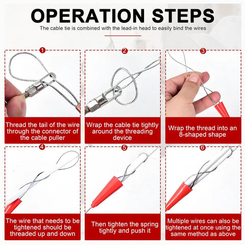 Instruction steps for Gutsy Automatic Cable Threader Wall Wiring Chasing Tool Electric Puller for binding wires effectively.