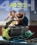 Portable Bluetooth Speaker with 90W Max Output and dual subwoofers resting on court, charging phone, 40 hours playtime featured