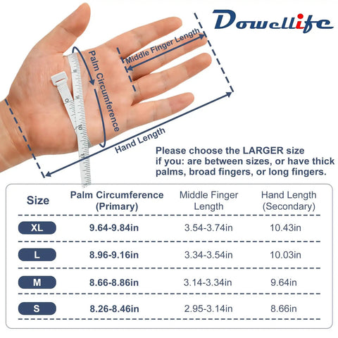 Hand measurements guide showing palm circumference, finger length, and size chart for cut resistant gloves.