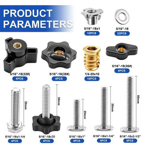 80 Piece T Track Knob And Bolt Kit For Woodworking Jigs And Fixtures With 5/16-18 Knobs T Bolts Star Knobs T Nuts Threaded Inserts Stud Knobs Hex Bolts And Flat Washers, assorted sizes