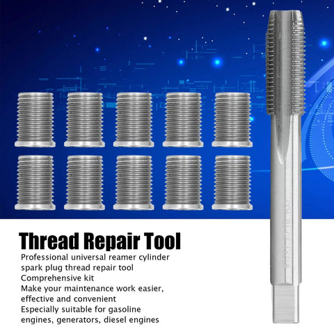 Spark Plug Thread Repair Kit M10x1.25 M12x1.25 Stainless Steel Tap and Die Set showing taps and inserts for engine repair