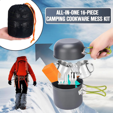 Trail Ready 16 Piece Camping Cookware Set for Backpacking and Picnics with pots, pans, cups, utensils in compact bag