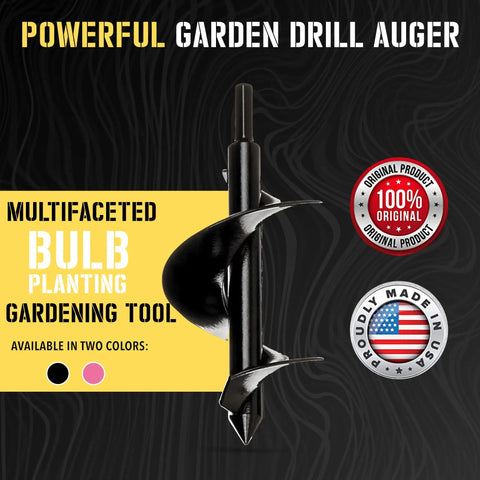 Bulb Planting Auger Bit Three By Seven Inches With Three Eighths Inch Non Slip Hex Drive, image of garden drill in packaging.
