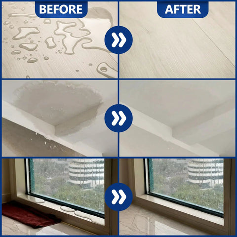 Before and after comparison showing leak damage and recovery using Legit Invisible Waterproof Sealant That Blocks Every Leak On Roofs Walls Windows And Showers With A Clear Water Base Shield Built For Heavy Duty Use Indoors And Outdoors.