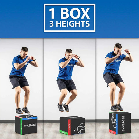 Man jumping on Three In One Soft Plyometric Jump Box Adjustable Height For Blasting Explosive Leg Power During Sprint Training Foam Core Plyo Crate.