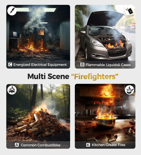 Straight Up Essential Fire Extinguisher 3 Pack For House Garage And Car With Drill Mounts ABC K Class image showing various fire scenarios.