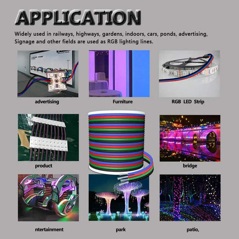 Various applications of 100 Ft RGB 4 Wire LED Extension Cable 22 AWG 4 Pin Tinned Copper for 3528 5050 RGB LED Strips