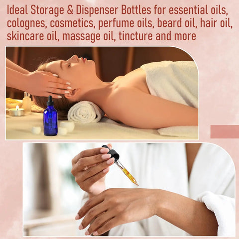 Dead Simple 2 Oz Dark Blue Glass Dropper Bottles, 4 Pack With Exact 1Ml Calibrated Eyedroppers, No Drama Silicone Caps for essential oils.
