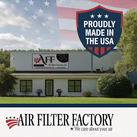 Exterior view of Air Filter Factory building with "Proudly Made in the USA" sign and American flag background.