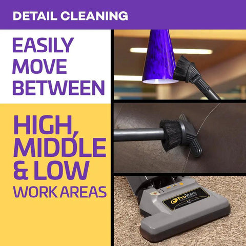 ProForce 1200XP Heavy Duty Commercial Upright Vacuum Cleaner With Dual Motor, cleaning detail areas under furniture with attachments.
