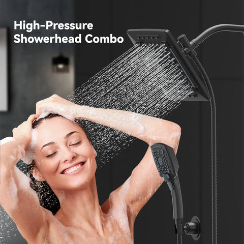 Woman enjoying Rain Shower Head and Handheld Combo With 60 Inch Hose, Dual Adjustable Shower Set, 3 Way Diverter, 10 Inch Face