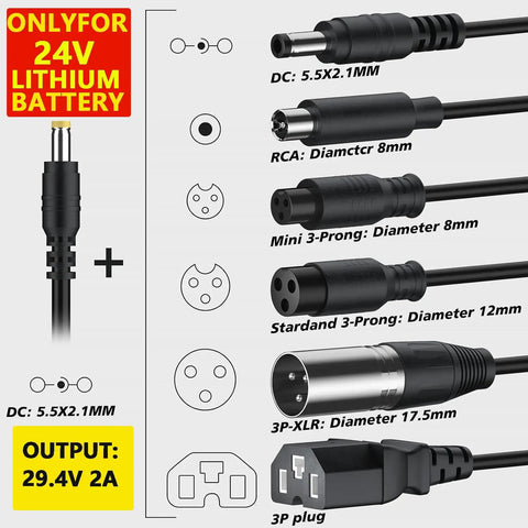 Connectors for 24V Lithium Battery Charger for Electric Scooters and Skateboards Dope 29.4V 2A with 7 In 1 Plugs