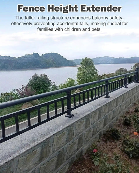 Level Up Your Outdoor Setup With These Rock Solid Railing Extenders Quick Bolt On Adds Major Height Locks In Privacy And Safety Tight Fit For Any Deck Or Patio Fence Today, featuring a tall black railing on a stone wall by water.
