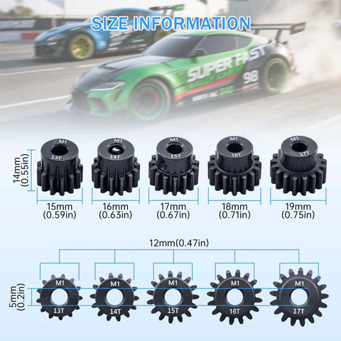 Hardened Mod One Pinion Gear With Five mm Bore And Thirteen To Seventeen Teeth showing size details for RC performance parts.