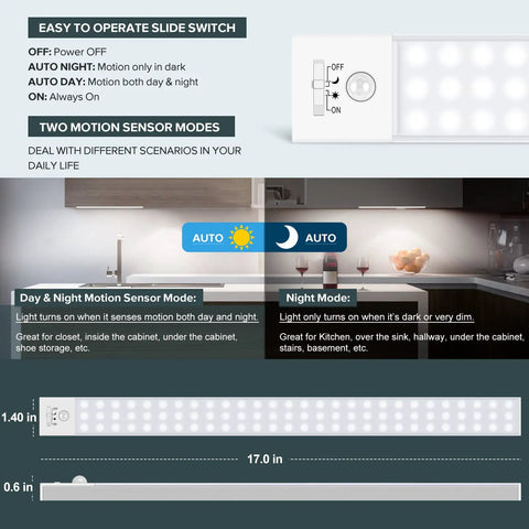 84 LED Wireless Closet Lights With Motion Sensor, no cord, 17-inch size, installed in kitchen, daylight white, dual mode
