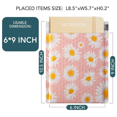 Pink 6x10 bubble mailers with self seal padded envelopes patterned with fancy daisies usable size 6x9 with notebook inside