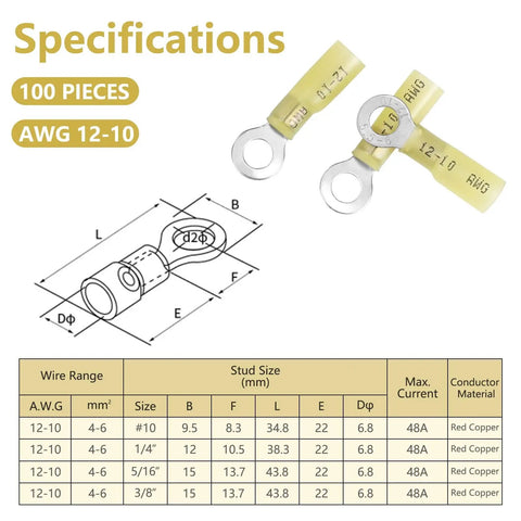 100 Piece All In One Heat Shrink Ring Connectors Kit With Yellow Marine Grade Ring Terminals Including Size Ten Eyelets In Specifications