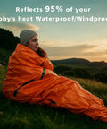 Person in bright orange Emergency Mylar Sleeping Bag Set For Camping Waterproof Thermal Bivy Sacks outdoors at sunset.