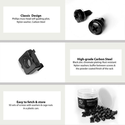Heavy Duty M6 Rack Screws And Cage Nuts 50 Pack For Server Cabinet Rack Mounting Network Gear Phillips Truss Head With Nylon Washers No Sweat Install Slick Black Hardware Kit in a plastic can with screws and nuts.