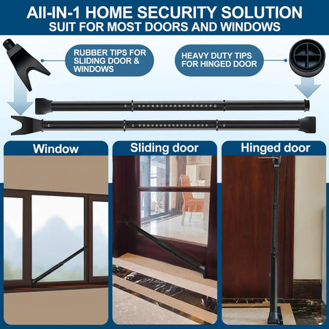 Heavy Duty 2 Pack Door Security Bar Adjustable Door Jammer Kickproof Steel Stopper shown for window and sliding door use.