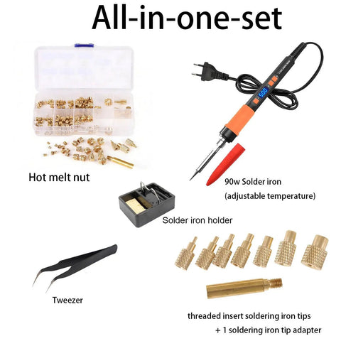 Brass Heat Set Inserts Kit With Knurled Threaded Inserts Assortment M2 M2.5 M3 M4 M5 M6 M8, 90W Soldering Iron, Tweezers And Holder