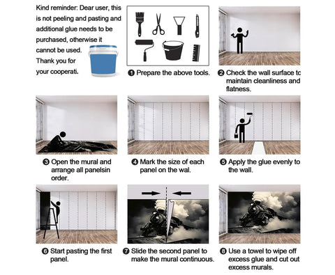 Installation guide for Massive Vintage Steam Train Mural, showing step-by-step process to apply Retro Locomotive Wallpaper on wall.