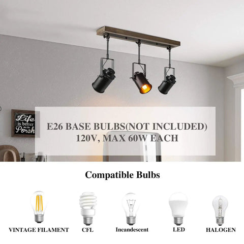 Adjustable 3-Head Track Lighting Fixture In Black Wood Finish with E26 base bulb compatibility guide and max wattage details.