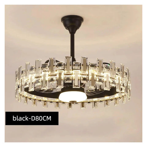 Slick Black Crystal Ceiling Fan Light With No Fuss Remote And Super Quiet Blades Built For Modern Living Rooms Or Bedrooms, view from below.
