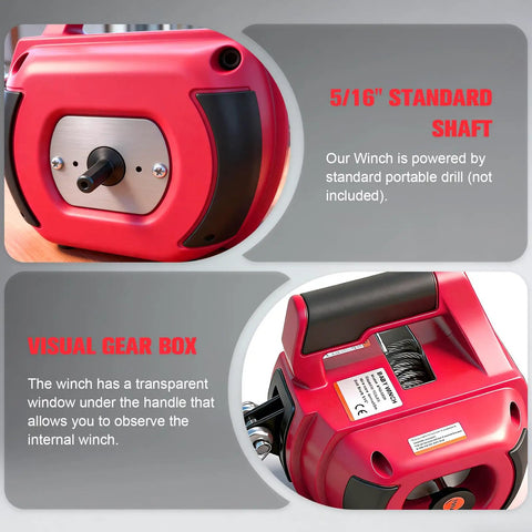 Close-up of Portable Drill Winch With 750 Lb Pulling Capacity, showing standard shaft and visual gear box design details.