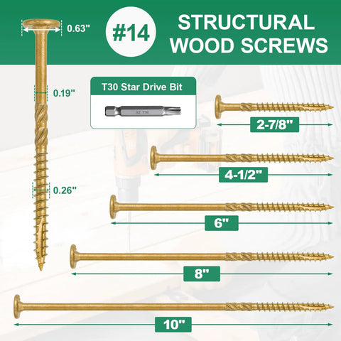 Six Inch Legit Heavy Duty Outdoor Deck Screws Crafted From Premium Alloy Steel ACQ Compatible And Hella Rust Resistant Wood Fasteners in different sizes.