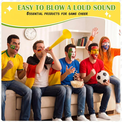 Fans cheering with Six Pack Vuvuzela Stadium Horns 21 Inch Collapsible Plastic Trumpet Noisemakers at a game day party.
