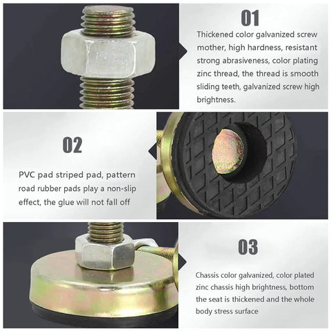 Heavy Duty Adjustable Leveling Feet For Heavy Furniture And Garage Equipment 4 Pack Non Slip Thickened Carbon Steel support leg close-up showing PVC pad and threaded screw.
