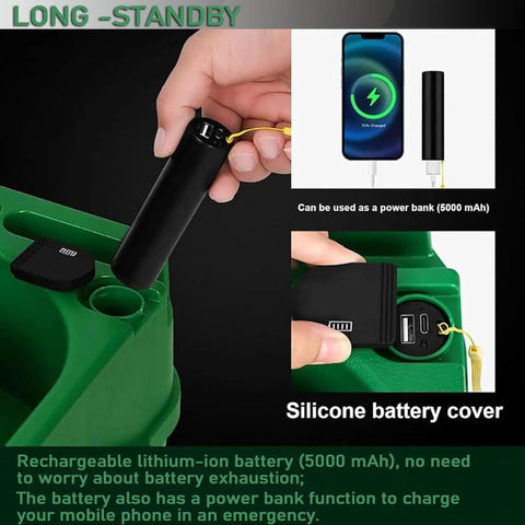 Automatic Golf Tee Machine With Infrared Sensor Ball Release showing battery insertion and power bank feature