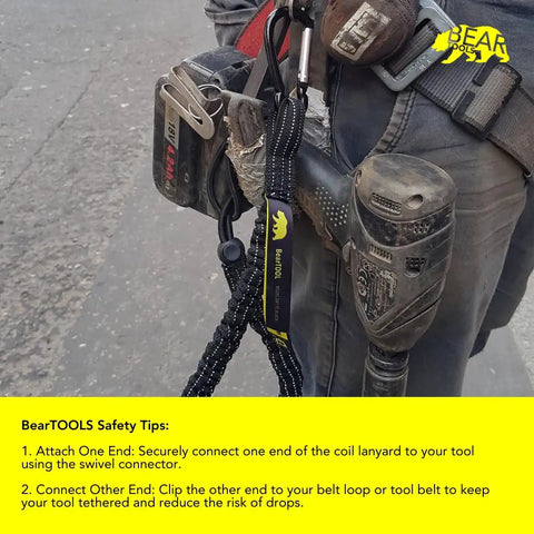 Tool Safety Lanyard With Carabiner Adjustable Loop For Working At Height 3 Ft Durable Pro Grade Lanyard shown on belt