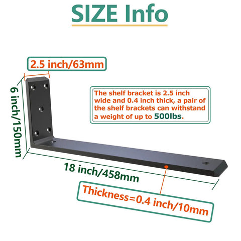 Rock Solid Heavy Duty Shelf Brackets Matte Black Floating L Brackets For Wall Mount Countertops 4 Pack size info 18x6 inches thick 0.4 inches