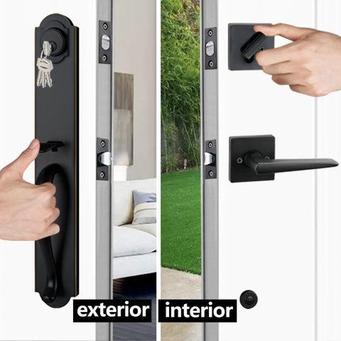 Oil Rubbed Bronze Keyed Entry Door Lock Set With Deadbolt, showing exterior and interior views, universal fit for doors