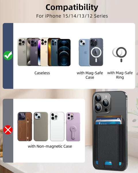 MagSafe Wallet For iPhone 17 Through 12 Series With 7 Card Slots RFID Blocking Vegan Leather Minimalist Slim Design 4200g Magnetic Hold Case Friendly 1 Slot Black shown with compatible and non-compatible cases