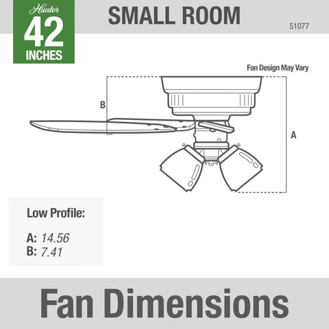 Dimensions of 42 Inch Indoor Ceiling Fan With LED Lights No Remote Low Profile Flush Mount Pull Chain Control