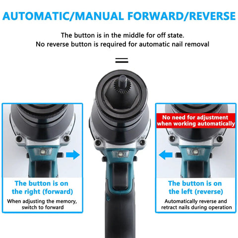 26V Cordless Rivet Tool with 5200mAh Battery Automatic Electric Rivet Gun for Stainless Steel Aluminum and Steel Rivets Fits M3 To M12 No Wire Needed Easy One Hand Setup and Fast Nut Rivet Installation for DIYers and Pros front view of forward and reverse switch