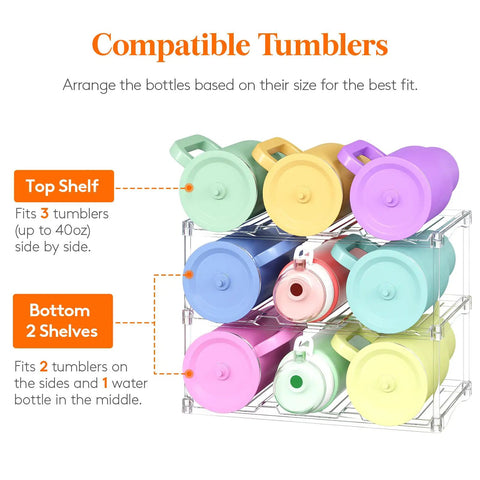 Colorful tumblers on clear three-tier stackable bottle organizer for wine and drinkware, freestanding cabinet rack for pantry or fridge.