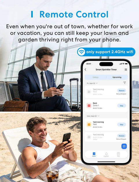 Men using phones to remotely control WiFi Hose Timer For Garden With 2 Zone Control, Brass Inlet And Outlet, Smart Water Valve.