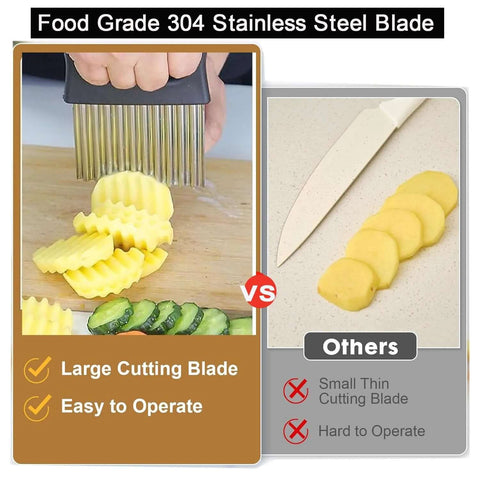 Stainless steel crinkle cutter with non-slip handle; left shows large zigzag potato slices, right shows potato rounds.