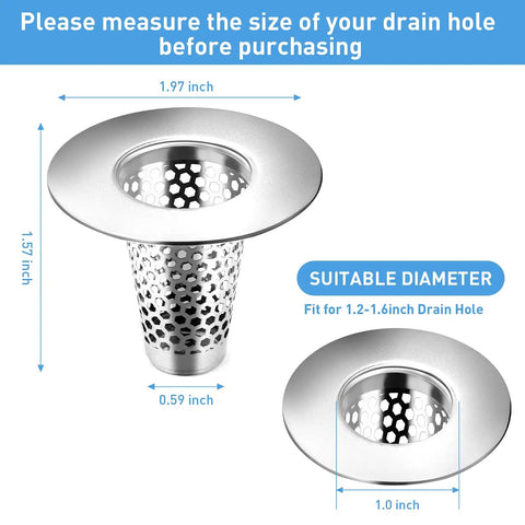 Premium Stainless Steel Bathroom Sink Drain Strainers Two Pack Conical Hair Catcher Porous Drain Filter Fits 1.2 To 1.6 Inches, showing dimensions.