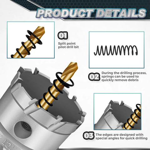 Ultimate Pro Grade 14-Piece TCT Carbide Hole Saw Kit For Hard Metal, split point pilot drill bit and spring details